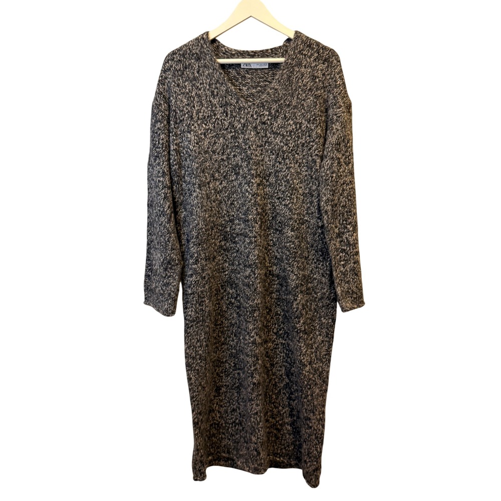 ZARA V Neck Knit Midi Dress Speckled Gray Blue Long Sleeve Size L Boho Knit